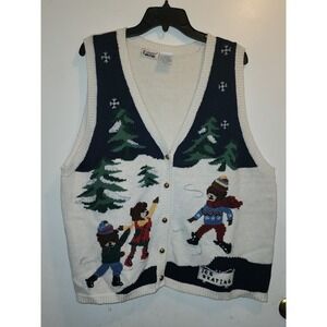 Capacity Woman Vintage Ice Skating Bears Christmas Sweater Vest Navy Cream 3X